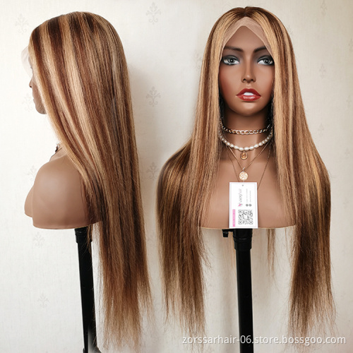 Customized Texture Long Honey Blonde Human Hair Wig Brown Highlight Color Cuticle Aligned Hair Transparent Lace Front Wigs